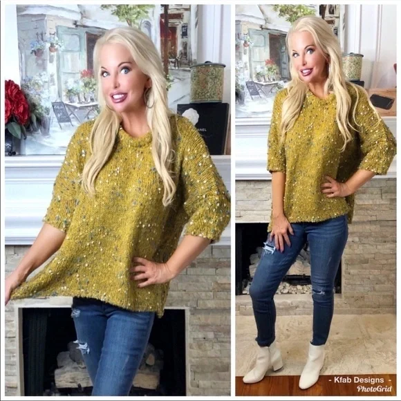 LAST! Mustard Confetti Scoop Neck Oversized Confetti Sweater! - Picture 2 of 7